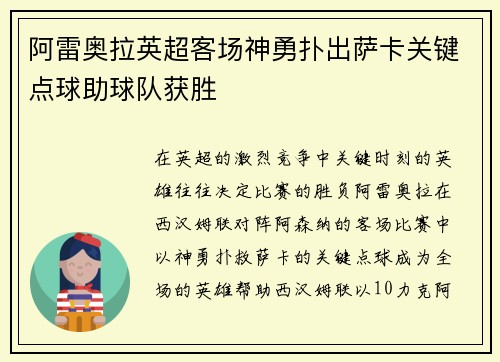 阿雷奥拉英超客场神勇扑出萨卡关键点球助球队获胜