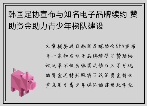 韩国足协宣布与知名电子品牌续约 赞助资金助力青少年梯队建设