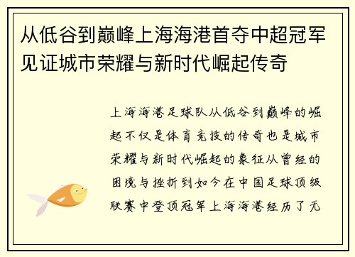 从低谷到巅峰上海海港首夺中超冠军见证城市荣耀与新时代崛起传奇